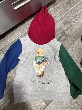 Ralph Lauren Gray Hoodie with Burgundy Hood, Navy & Green Sleeves